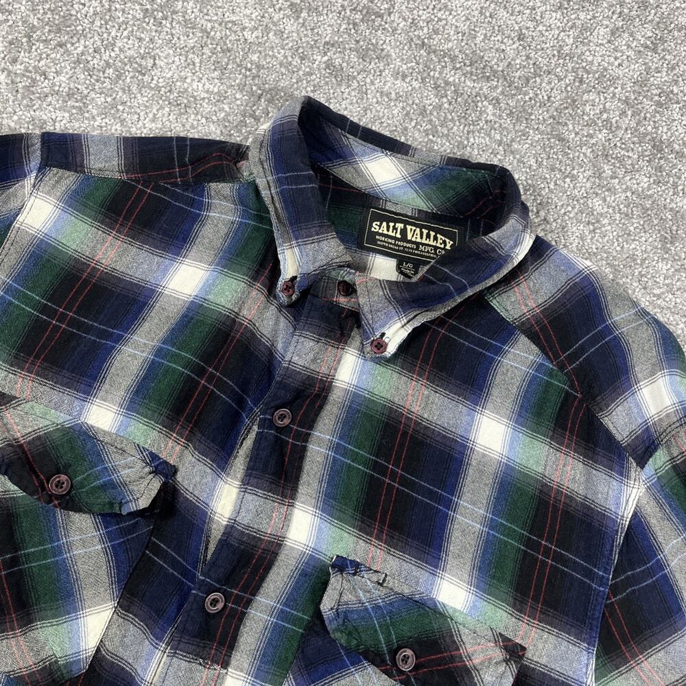 Salt Valley Flannel Shirt Mens Large Rayon Western‎ Plaid Button Up *Distressed*